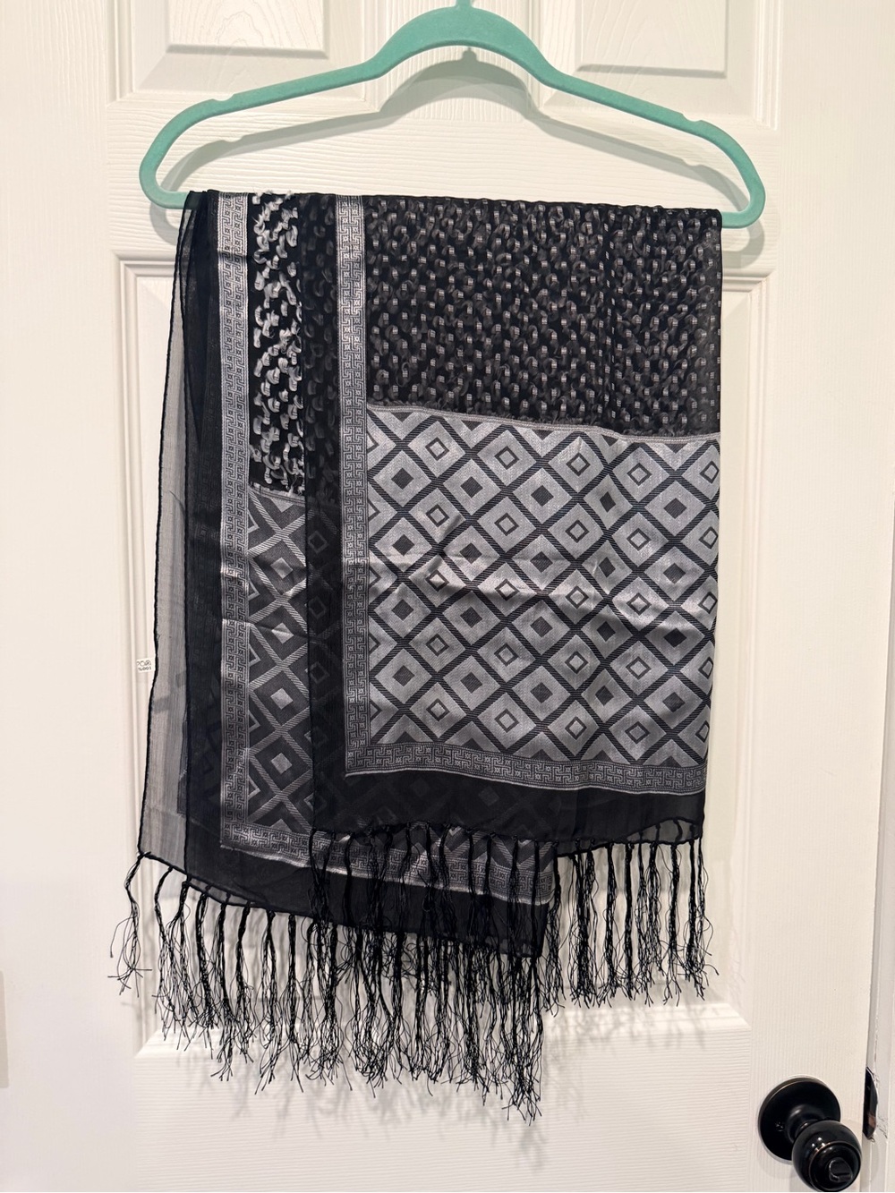 Black & Gray Geometric Fringe Wrap Silk  Scarf